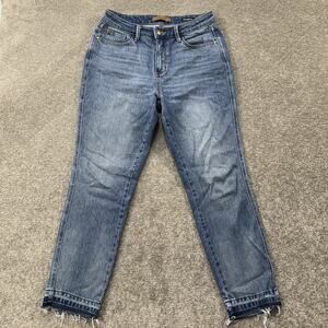 Judy Blue Womens Boyfriend Fit Jeans 9/29 Medium Wash Distressed Raw Hem Stretch